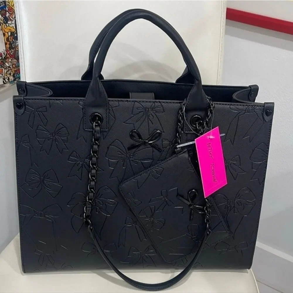 NEW Betsey Johnson Embossed Bow Tote Bag with Pouch - Picture 1 of 5